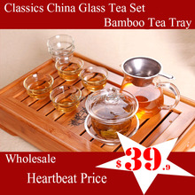 Free Shipping Bamboo tea tray glass tea set,gaiwan teacup,