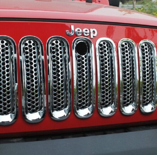 7pcs Chrome Front Mesh Grille Inserts With Lock Hole For Jeep Wrangler JK 07-15 Car cover