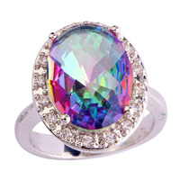 lingmei Noble Fashion Jewelry Unisex Mystic Rainbow Topaz & White Topaz Silver Ring Size 7 8 9 10 For Women Gift Wholesale