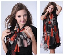 Women Fashion Fashion Silk Chiffon Scarf Long Soft Wrap Lady Shawl Gauze tartan plaid Scarves blacks&oranges L006