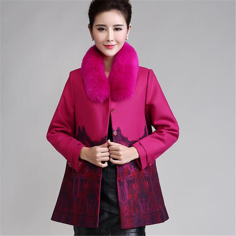 XL-4XL 4 Colors 2016 New Korea Female Fur Collar Covered Button Print Woolen Jacket Women Autumn Winter Long Mother Coat ZS697