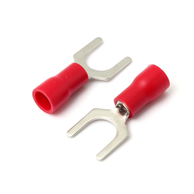 The Best Price 25PCS Red Insulated Fork Wire Connector Electrical Crimp Terminal 22-16AWG 6.4m 5.3mm 4.3mm 3.7mm 3.2 mm