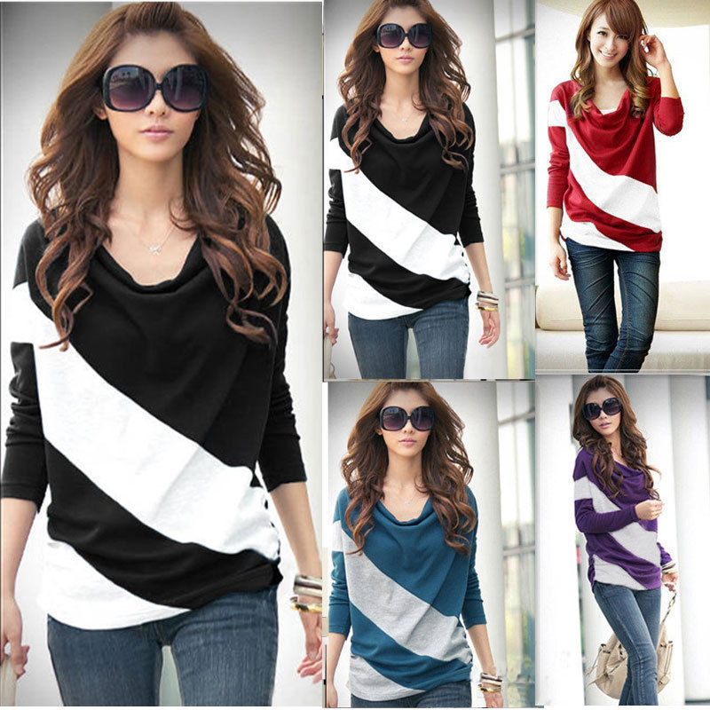 Fashion New Womens Girl Casual Batwing Stripe Top Loose Long Sleeve T Shirt 4 Size