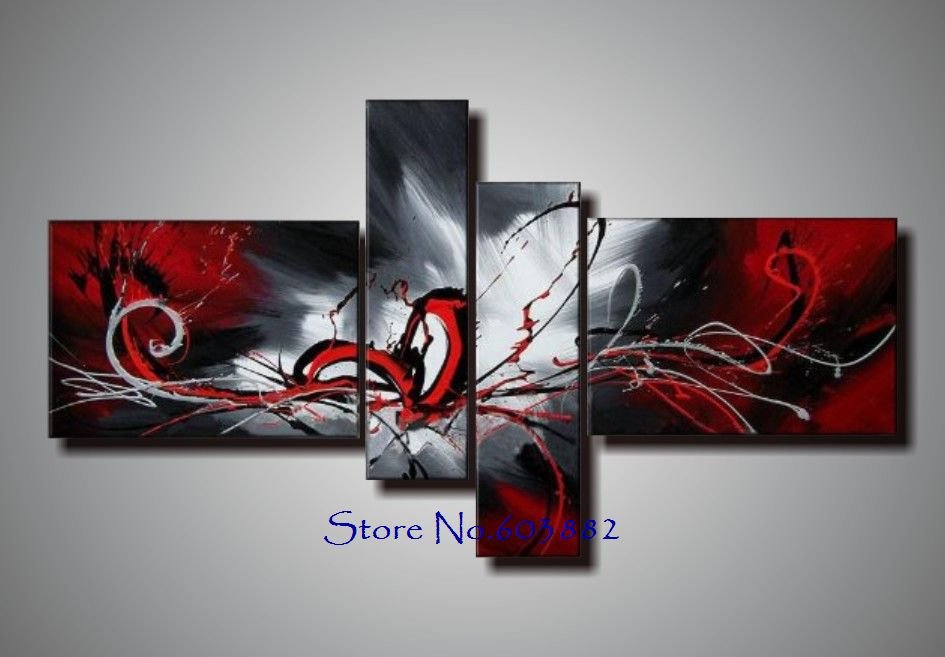 100% hand painted 4 panels wall art canvas abstract painting red white black color home decor High quality