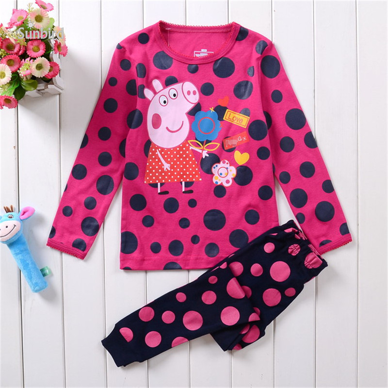 KR-154, pig, 6sets Children girls pajamas, 100% Cotton long sleeve sleepwear clothing sets for 2-7 year.