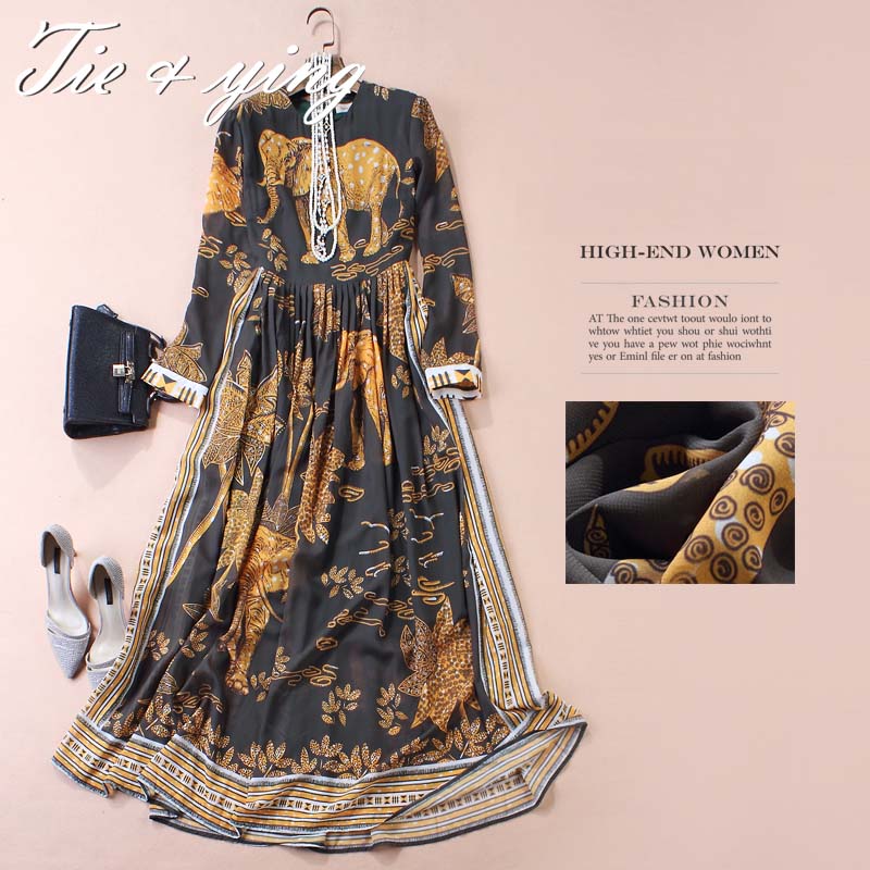 Vintage royal print long dresses 2016 spring new arrival American and European fashion runway luxury brand ball gown lady dress