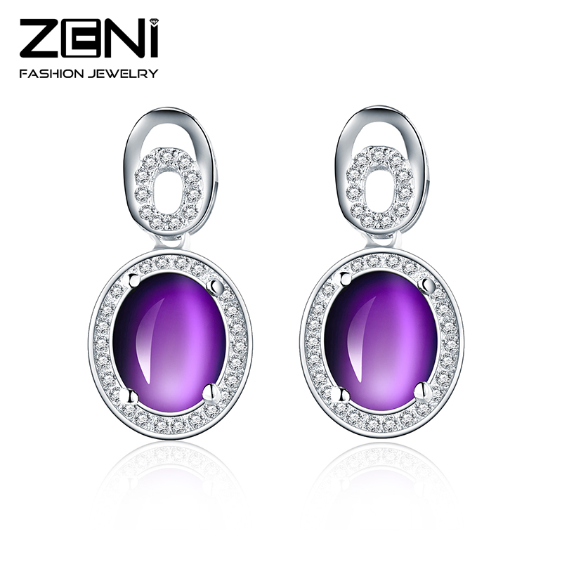 2016 New Fine Jewelry 100% 925 Sterling Silver with Natural Genuine Amethyst Crystal Round Stud Earring for Women Zeni Jewelry