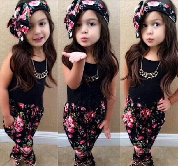 2 7Y Girls Baby Clothing Sets 3PCS Sleeveless Shirt Tops Floral Pants Headband Vogue Clothes Free
