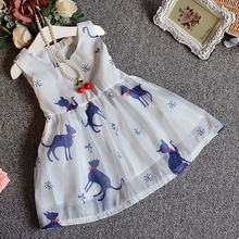 2016 Summer Fancy Fashion Chiffon  Baby Girls Dress Cute Cat Print Sleeveless Dress Girls Sundress Children Dress Clothes 2-6T