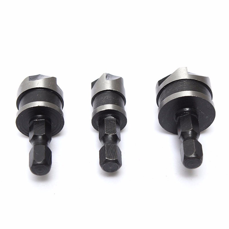 3Pcs Countersink Bore Set 12mm 16mm 19mm 1/4" Hex Shank Wood Plastic
