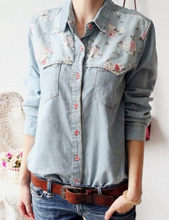 Y-451 New Fashion Women Vintage Rose Floral Patchwork Small Lapel Loose Long Sleeve Denim Blouses & Shirts Tops Free Shipping