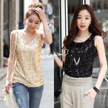 Dropshipping Women Summer Tank Top Women’s Shining Bling Sequin Tank Top Sleeveless Blouse T-Shirt Black Golden b7