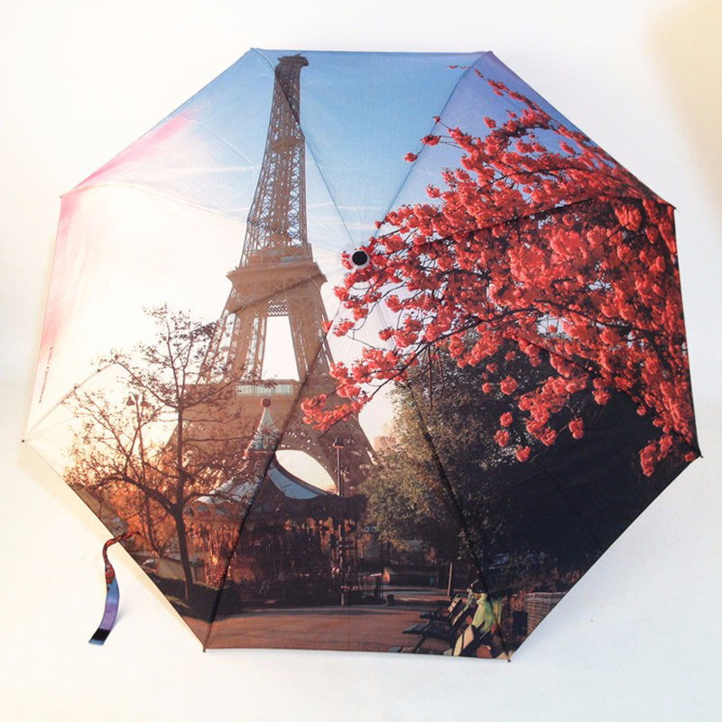 3 Folding Fashion Automatic Umbrella Paris Tower Oil Painting Umbrellas/ Anti-UV Sun/Rain Umbrella Parasol SunshadeParasol Gift