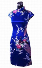 Hot New Blue Chinese Female Silk Qipao Top Novelty Button Cheongsam Short-Sleeve Printed Dress Floral Size S M L XL XXL L020-F