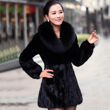 Hot sale New winter women fox fur collar faux rabbit fur coat Black slim jacket Luxury elegant ladies long mink spliced overcoat