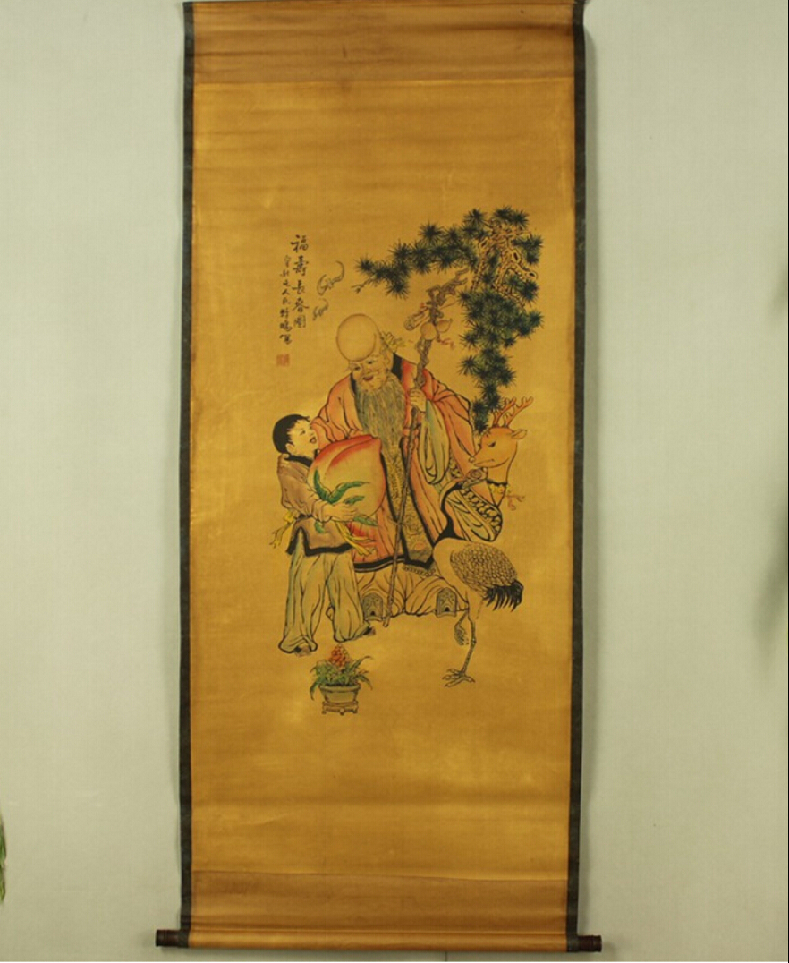 Antique Painting Traditional Chinese God Of Longevity Painting Scroll 