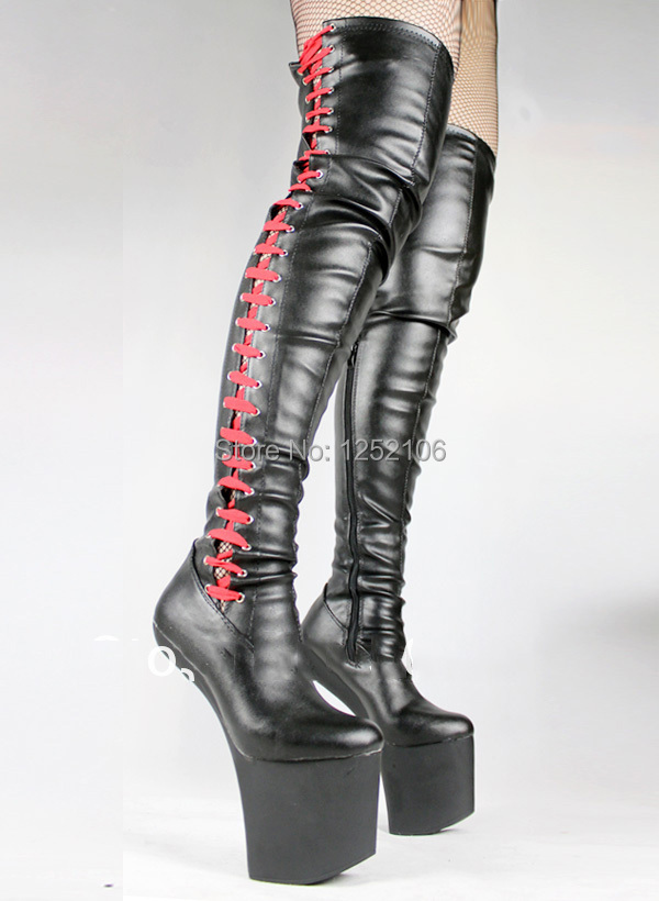 Women Summer Fashion Black Leather Lace Up At Side Thigh High Boots