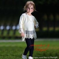 Fashion Design Girls T-shirt 2pcs Ivory Lace Mesh T-shirt With White Necklace Retail Kids Autumn Clothes