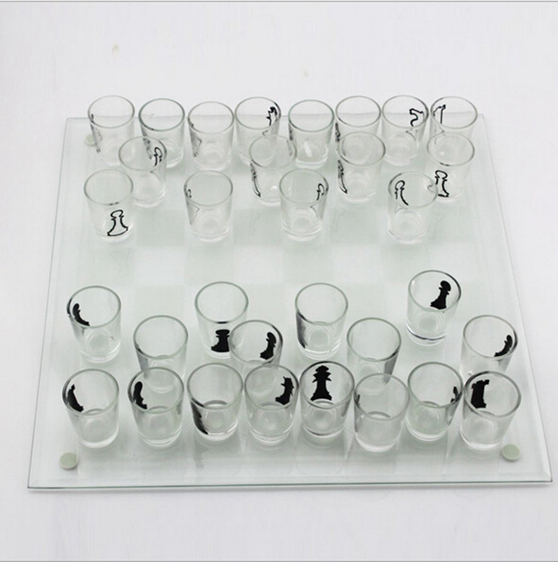 New Elegant Solid Glass Cup Chess Checker Board Game Chess Set Wine