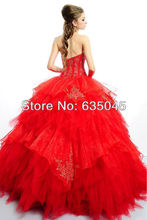 2015 New Custom Made Luxury Red Crystal Beading Applique Elegant Quinceanera Dress Vestidos De 15 Anos