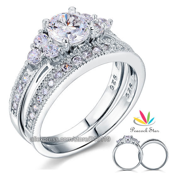 ... Diamond Solid Sterling 925 Silver 2-Pc Wedding Engagement Ring Set