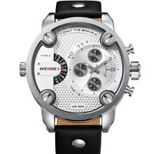 Weide WH3301 hombres de deportes cuero genuino correa impermeable de gran tamaño del cuarzo reloj de pulsera – negro + blanco