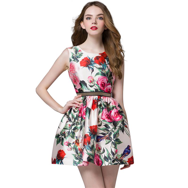 Women Floral Print Mini Ball Gown Dresses 2016 Spring Summer New Europe Style O-Neck Sleeveless Short Casual Vestidos
