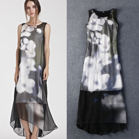Free Shipping Star Style Women 2015 Print Dress Grey Fashion Sleeveless Summer Mid-Calf Elegant Print Silk Long Dress