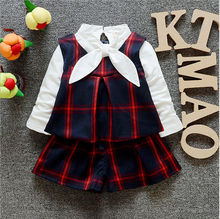 New Spring Autumn Kids Clothes 3pcs Clothing Sets Girls Clothes European Style Plaid Suits T shirt+Vest+shorts Childrent Set Q83