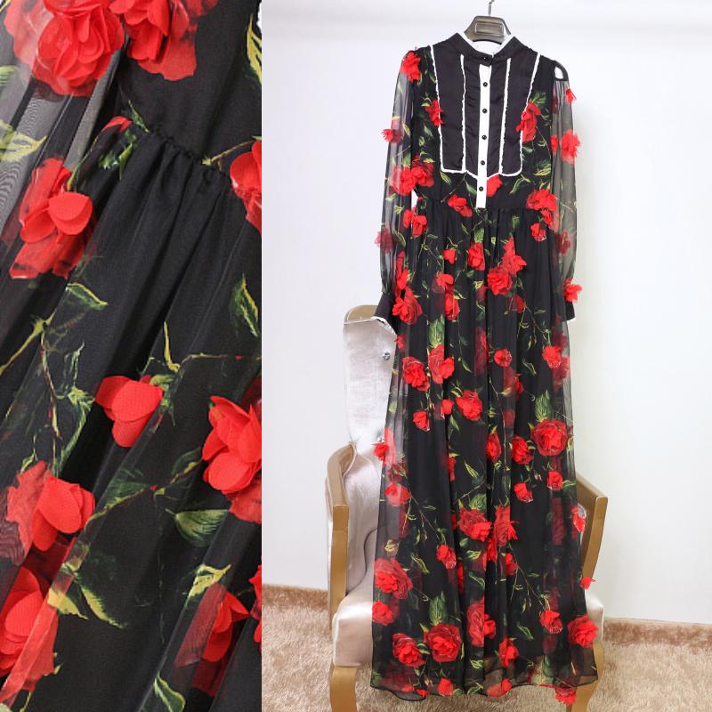 Best Quality Fashion Long Dress 2016 Spring Women Colorful Appliques Red Flowers Long Sleeve Floor-Length Maxi Dress For Evening