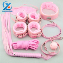 7pcs/Set Pink Plush Lovely Sexy Products Handcuffs Ankle Cuffs Patch Collar Gag Paddle Whip Rope Harnless SM Products Adult Game
