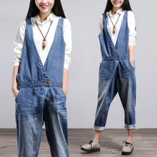 Women Jeans Overalls 2016 Blue Loose Harem Denim Jumpsuit Full Length Thick Spring Autumn