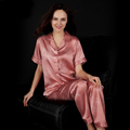 SSH040 New Autumn Spring Short Sleeve Long Pant Sleepwear 2pieces Satin Silk Pajama Sets High Quality