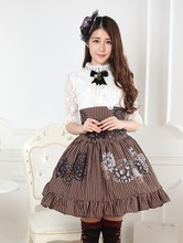 Steampunk Style High Waist Black and White Gear Printed Striped A Line Lolita Skirt with Ruffles