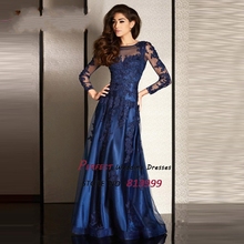 Navy Blue Vestidos De Fiesta 2016 Sheer O-neck Long Sleeves Evening Dresses Appliques Beads Formal Party Gown AR1040