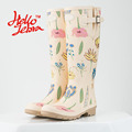 Women Tall Rain Boots Ladies Low Hoof Heels Waterproof Graffiti Buckle High Nubuck Round Toe Rainboots