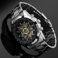New 2016 WINNER Classic Skeleton Mechanical Wristwatch Automatic Steel Watch Silver Black X Dial