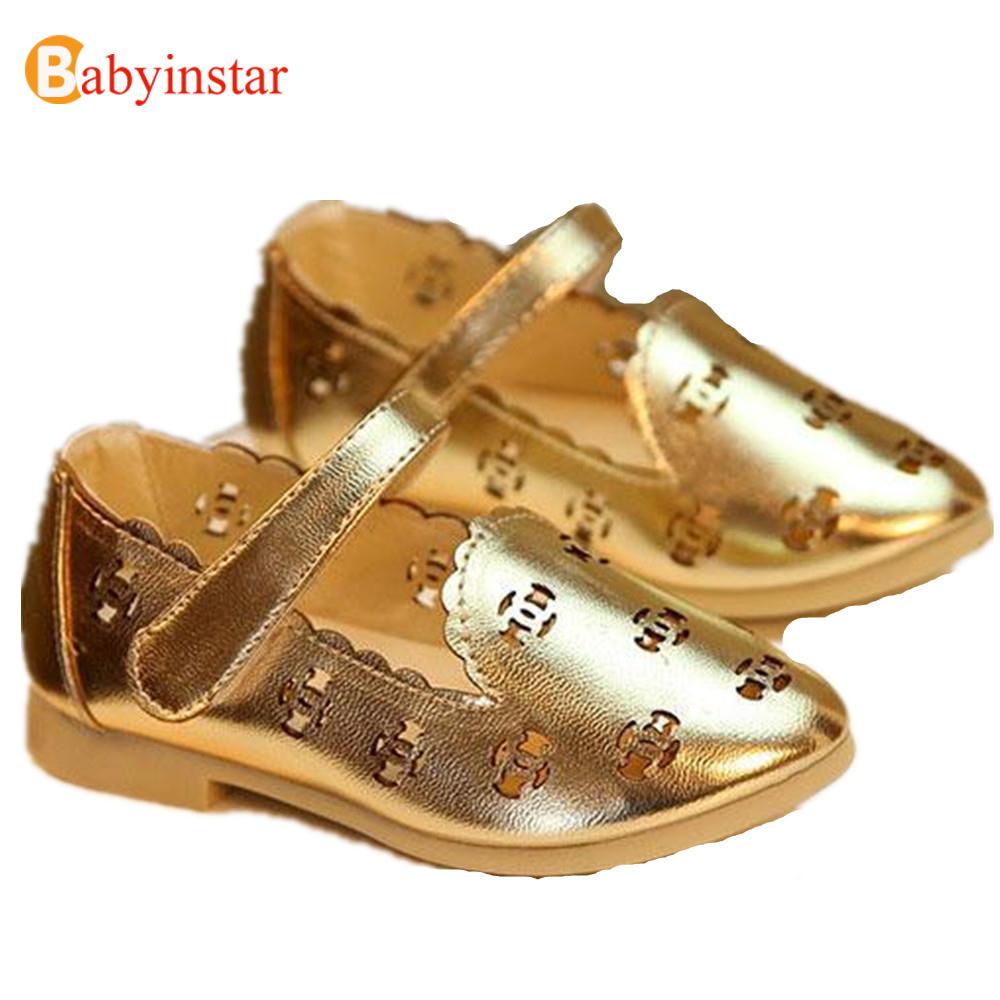 Super Cute 2016 New Summer Princess Baby Girl Shoes Children Hollow Sandals Gold Silvery Leather Girls