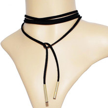 Long Black Women Leather Choker Gold Tube Fashion False Choker Collar Necklace Jewelry