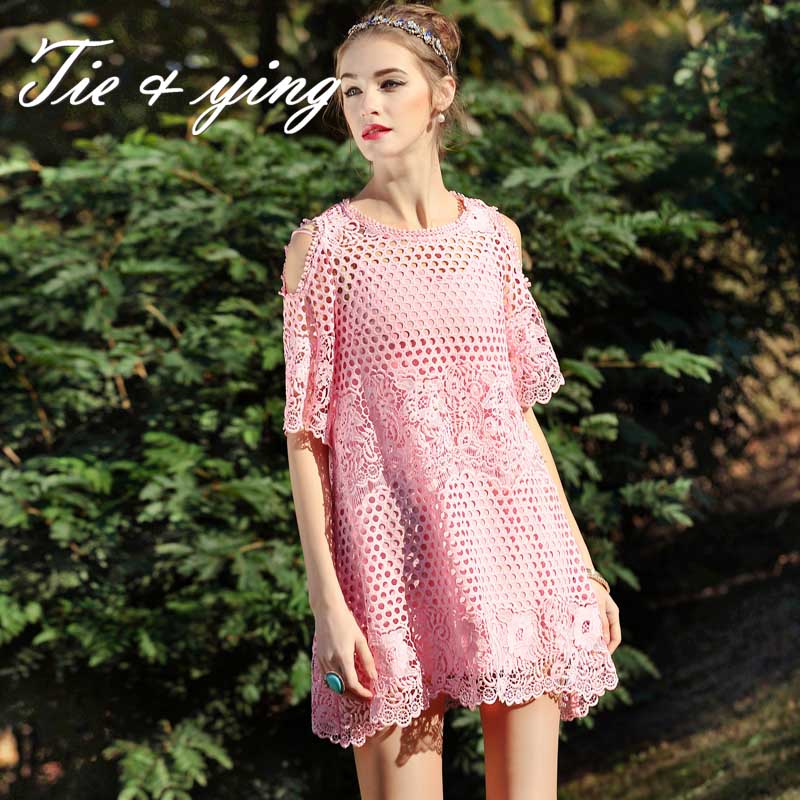 Brand dress luxury 2016 new arrival pink/bule American and European fashion runway hollow out off shoulder lady casual dresses