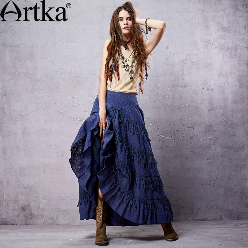 Artka Women's Vintage Cotton Solid Color Swing Hem Skirt Ankle-length Asymmetrical Embroidery & Tassel Decoration Skirt QA14253C