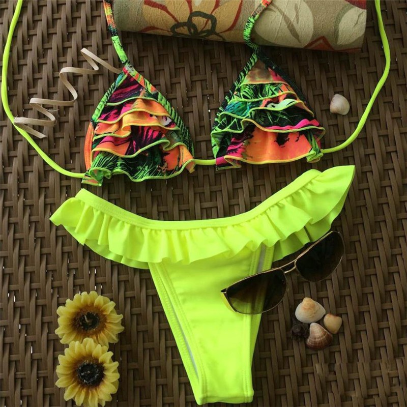 Floral Layers Brazilian Bikini Sexy Thong Wave Edge Halter Swimwear Summer Style Beach Fashion biquines e maios de praia Floral Layers Brazilian Bikini Sexy Thong Wave Edge Halter Swimwear Summer Style Beach Fashion biquines e maios de praia