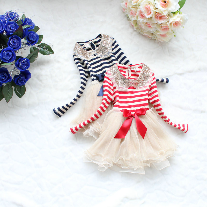 Free shipping  Fashion Autumn girl princess dress baby girls long sleeve dresses Children's stripe cake dress