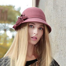 Women Basin Felt Hat Solid Big Flower Decoration Casual Formal Hat Sun-shading For Ladies Outdoor