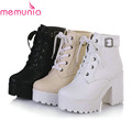MEMUNIA 2017 New high quality lace up women boots platform buckle square soft pu leather ankle