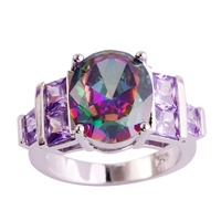 lingmei Wholesale Fashion New Oval Cut Noble Rainbow Topaz Amethyst 925 Silver Ring Size 6 7 8 9 10 For Women Men Free Shipping