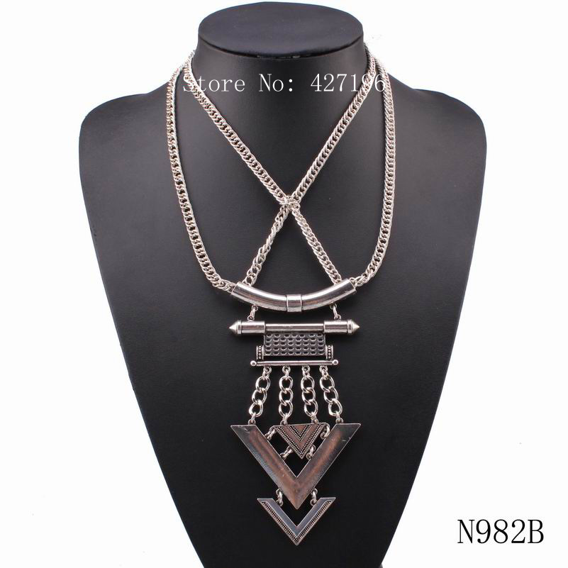 2016 fashionable new design multi double chain necklace silver plated chains chunky pendant intersectant women necklace