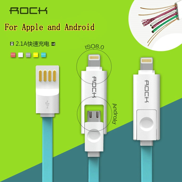 100 Original Rock 1m 32cm metal Dual Interface Cable For Samsung Micro USB for apple iphone
