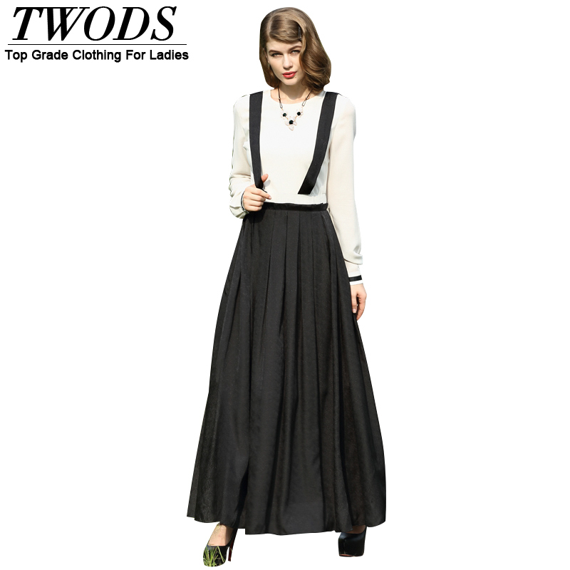 Twods Autumn Preppy Style Suspender Long Sleeve Women Maxi Dress Black White Patchwork Flare Dresses Vestidos Plus Size