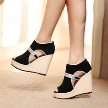 Super High Heels Lady Woman Party Date Peep Toe Platform Wedges Female Slip On Summer Spring Cut Out Short Sandal Pumps Shoe